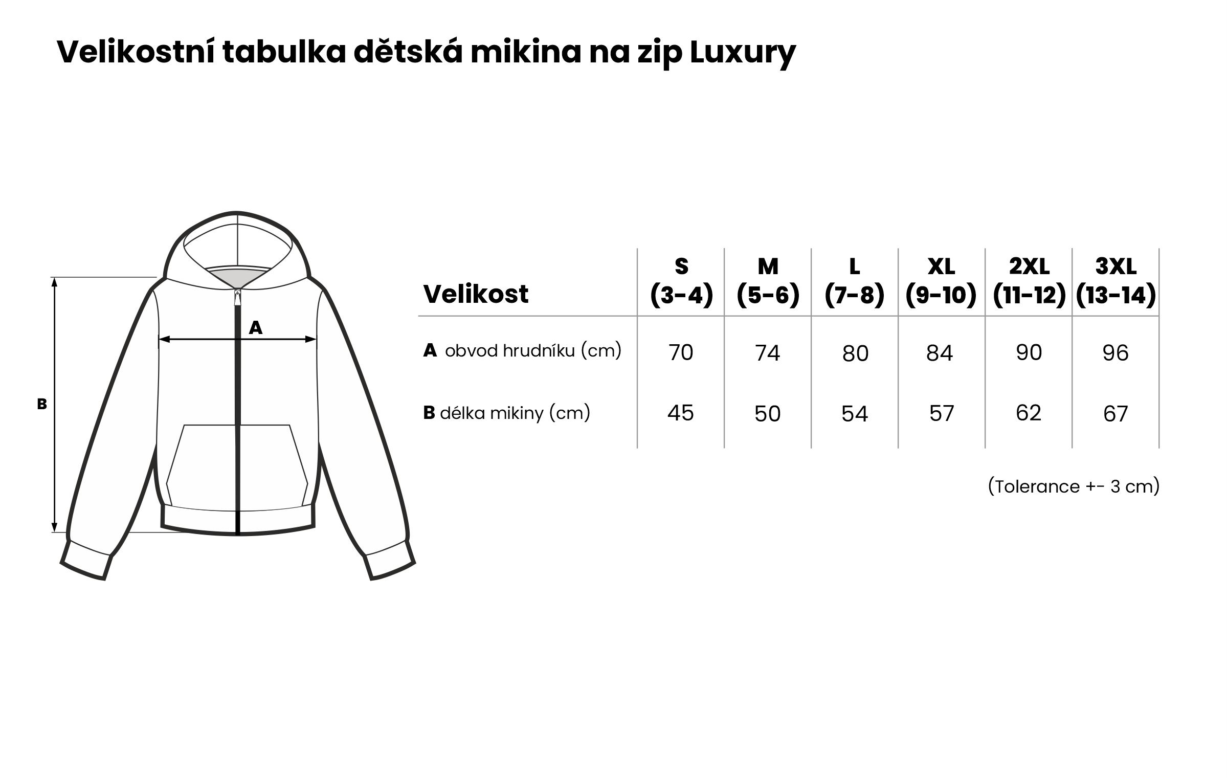 Velikostní tabulka dětská mikina na zip Luxury